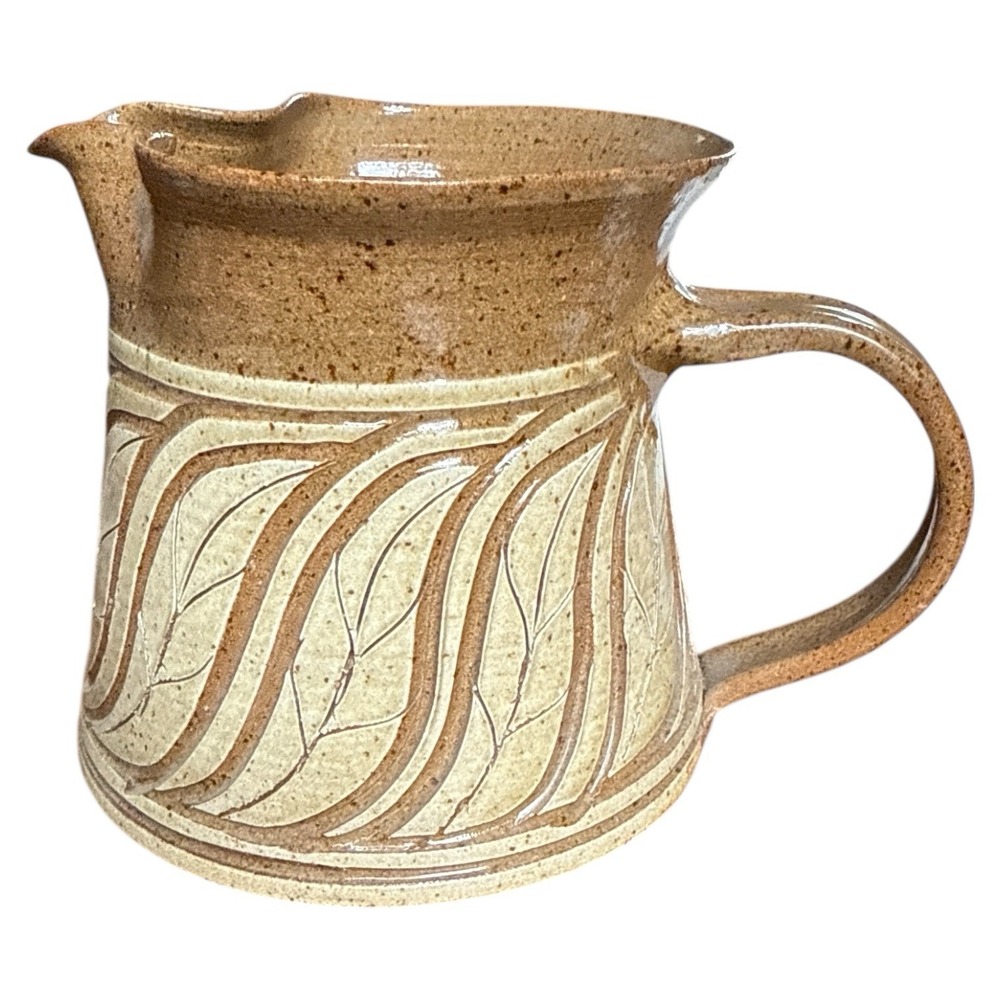 Signed Susan Brown Freeman Art‎ Pottery Pitcher Incised Leaf Brown Tan Stoneware